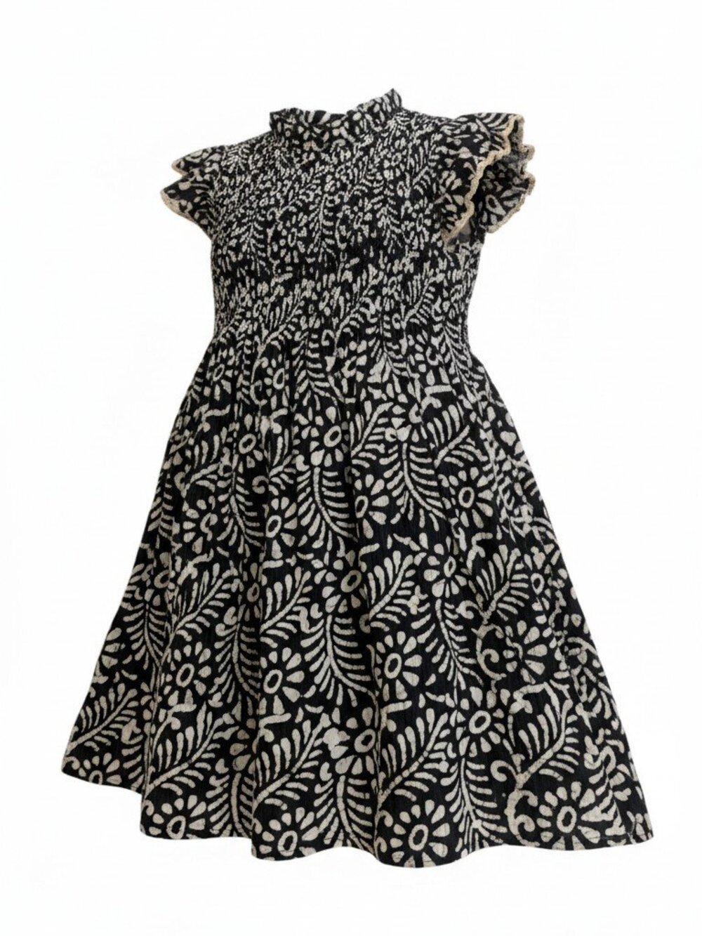 THML Black White Floral Smocked Mini Dress Size XS Ruffle — EUC